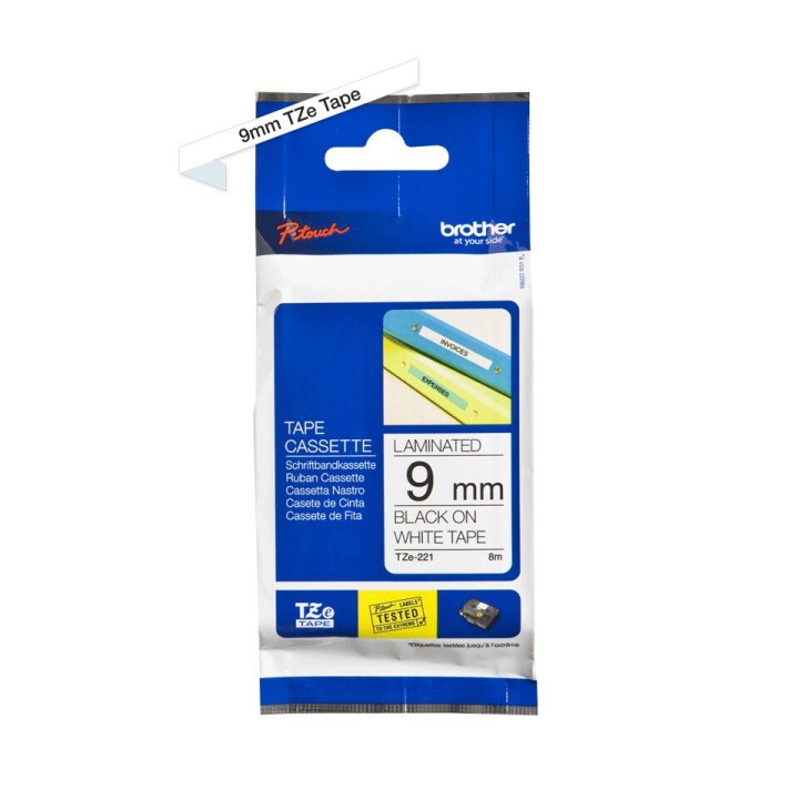 Nastro Originale (9mm x 8mt) Nero/Bianco TZe221 BROTHER Conf.1