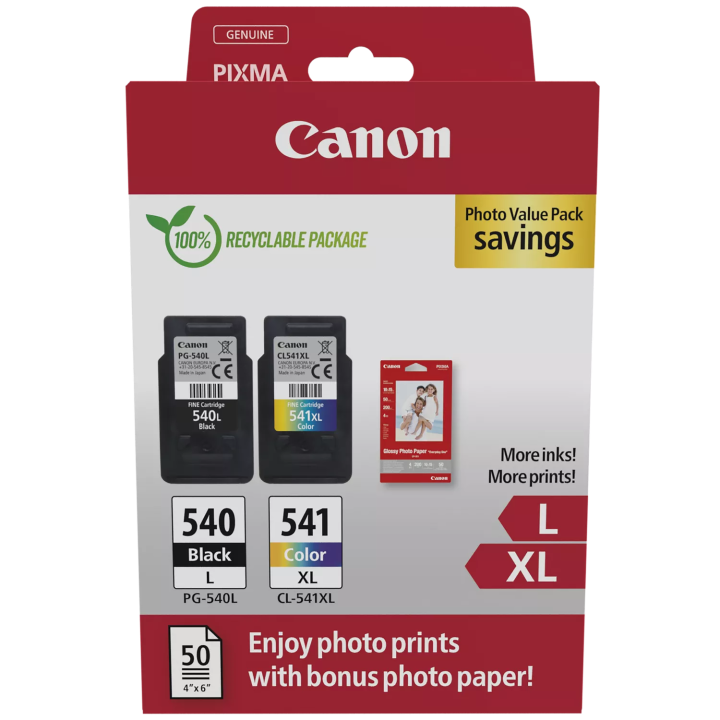 Multipack Originale B/C/M/Y (PG-540L x1 + CL-541XL x1) + Carta Foto (50 fogli 10x15cm) 5224B012, CL-541XL, PG-540L CANON Conf.1x