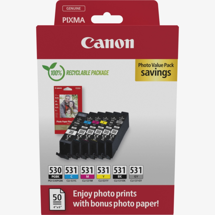 Multipack Originale (PGI-530+CLI-531 PGBK/C/M/Y/BK/GY) 6117C004, CLI-531, PGI-530 CANON Conf.1