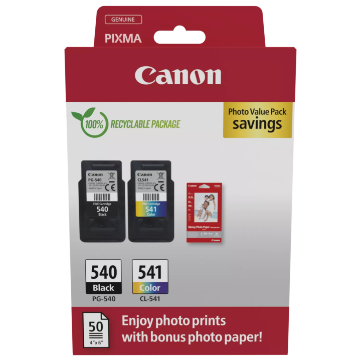 Multipack Originale B/C/M/Y (PG-540 x1 + CL-541 x1) + Carta Foto (50 fogli 10x15cm) 5225B013, CL-541, PG-540 CANON Conf.1x2